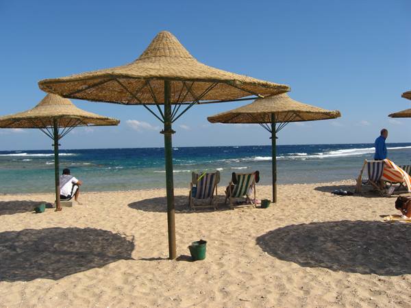 Straw beach umbrellas on sandy shore with sunbathers, Red Sea
