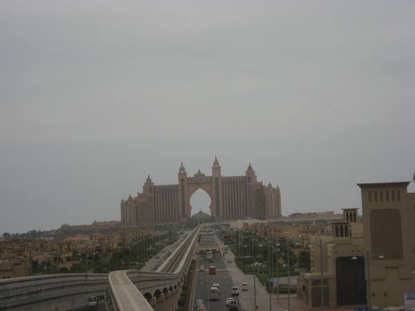 view of Atlantis from the elevated monorail on the trunk of the palm-shaped island