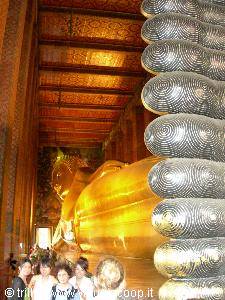 Tourists before the golden Reclining Buddha, feet inlaid with mother-of-pearl, Wat Pho