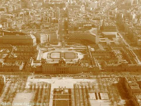 Sepia aerial view of the École Militaire and Champ de Mars in Paris