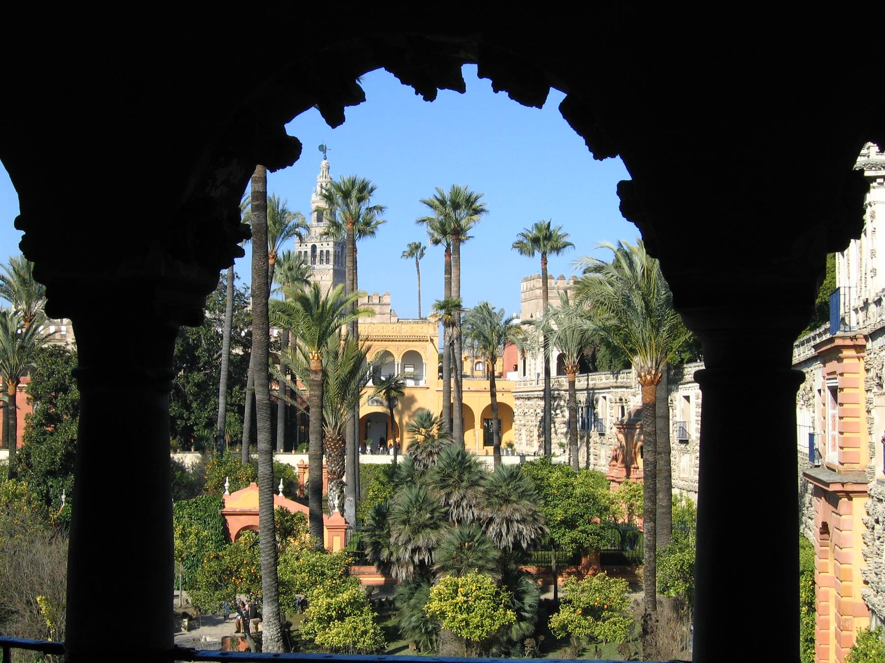Palms and the Giralda seen through a dark arch of Seville's Alcázar