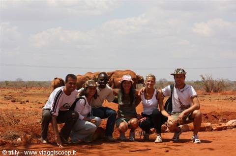 Group of tourists crouching on red soil with camels and guide behind