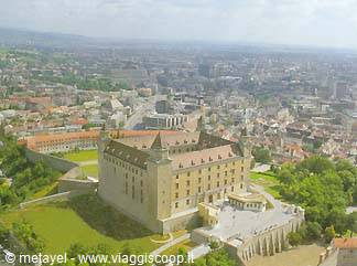 Bratislava Castle, yellow walls and red roofs above the city