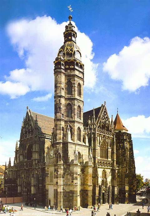 St. Elizabeth's Cathedral in Košice, gothic stone tower under white clouds