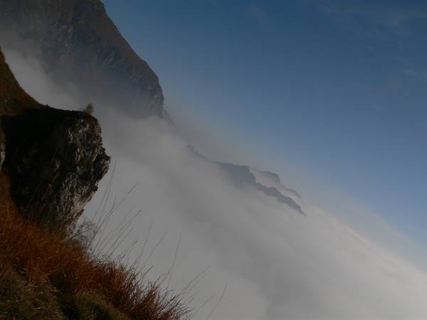 Grassy rock above a sea of fog, blue sky