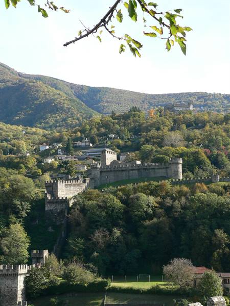 Stone medieval walls and castle among woods, Bellinzona