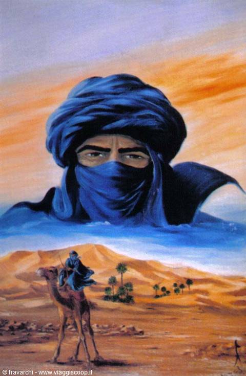 Painting of a blue-veiled Tuareg looming over a camel rider crossing desert dunes