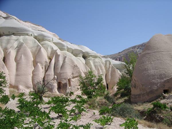 White volcanic rock dwellings with green vineyards below, Cappadocia