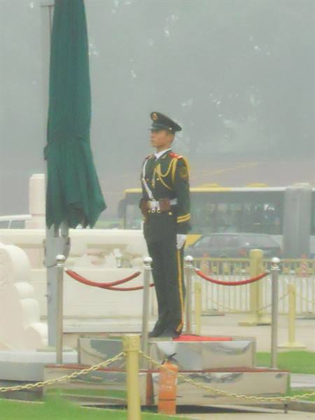 Soldier in green dress uniform standing guard on metal podium, red ropes