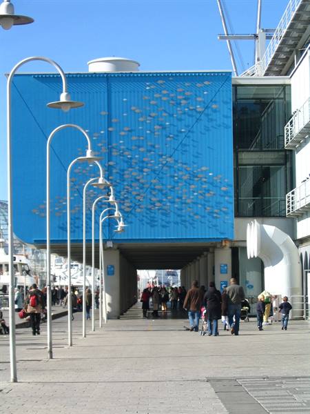 Blue panel with metal fish schools at Genoa waterfront, people walking by