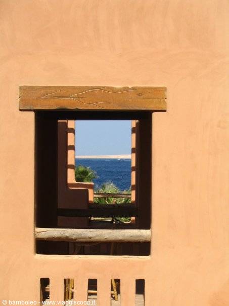 Ochre wall with wooden window framing palm trees and blue sea in sunlight