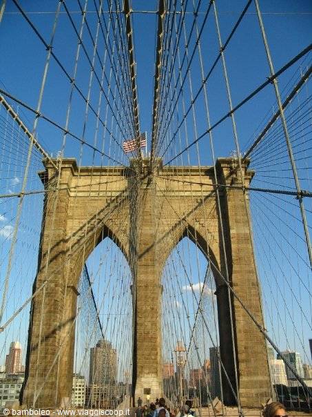 Stone tower of Brooklyn Bridge with steel cables and American flag