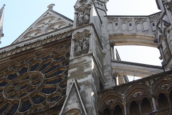 Gothic rose window and stone flying buttresses of Westminster Abbey