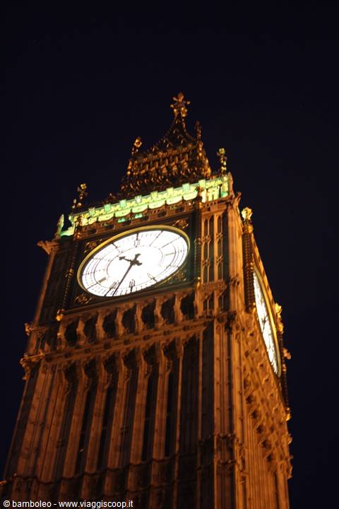 Big Ben lit up at night, glowing white clock on the Victorian tower