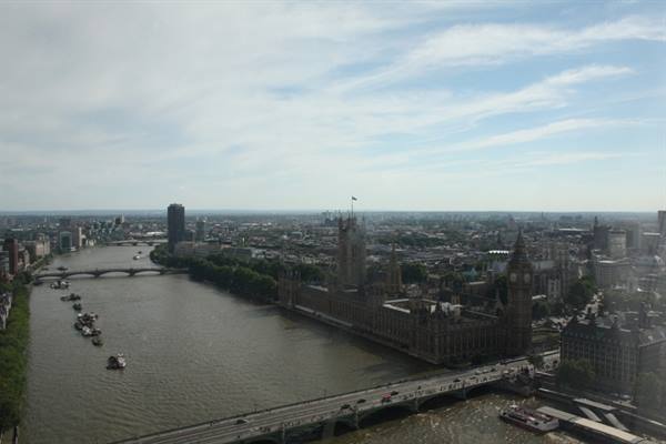London: Westminster and the Thames with bridges and boats, daylight