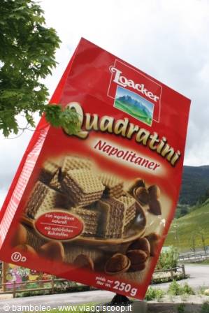 Giant Loacker Quadratini wafer billboard among trees and green hills