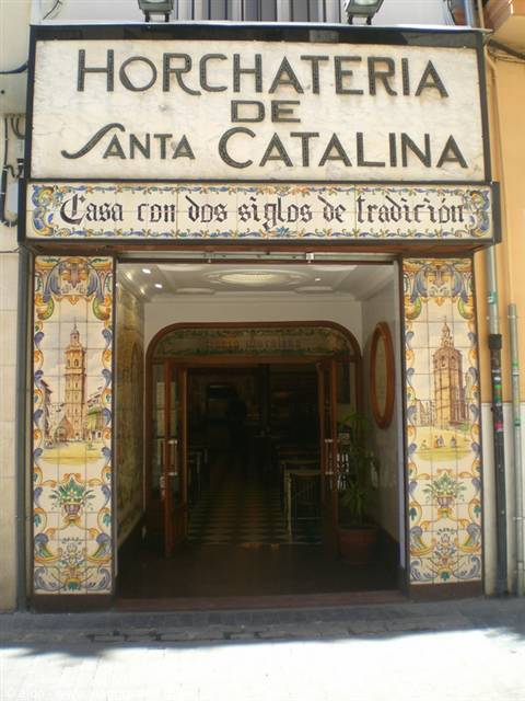 Entrance of Horchatería Santa Catalina in Valencia, decorated with traditional azulejo tiles