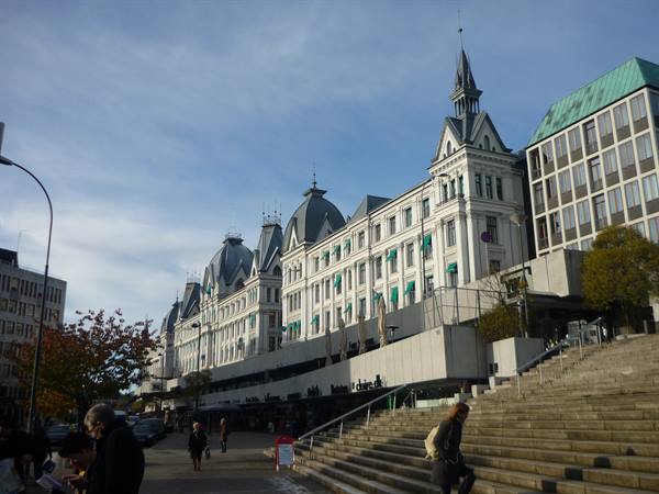 People on wide stone steps in front of historic copper-roofed buildings in Oslo