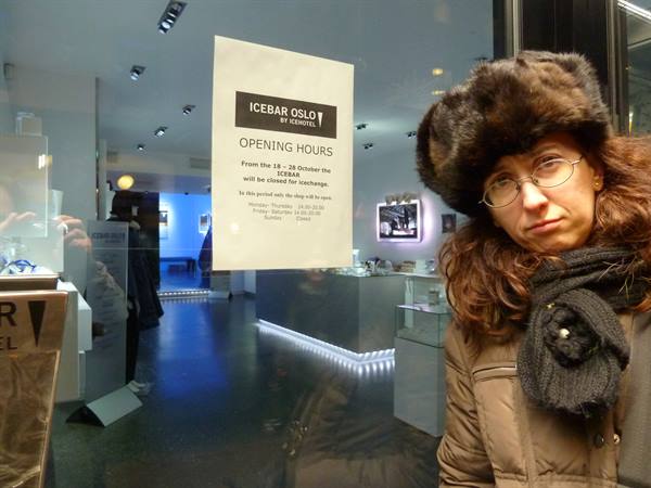 Woman in fur hat outside the Icebar Oslo entrance