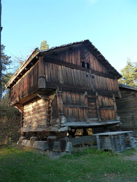 Old wooden stabbur storehouse raised on posts, Norsk Folkemuseum, Bygdøy