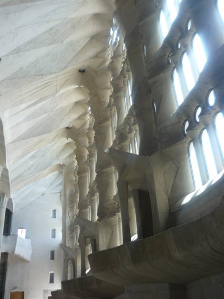 Branching stone columns and vaults inside the Sagrada Família, light through windows