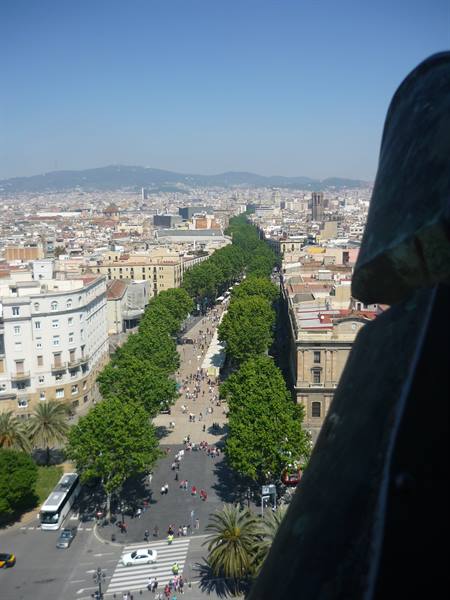 Crowded La Rambla seen from the Columbus monument in Barcelona