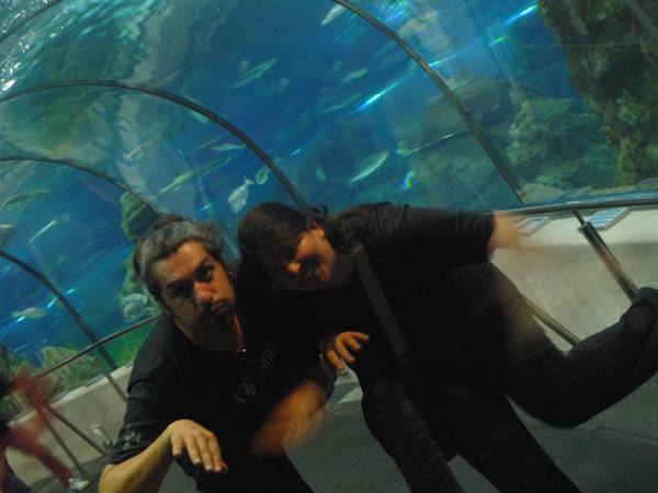 Two people pose smiling inside the aquarium glass tunnel among fish