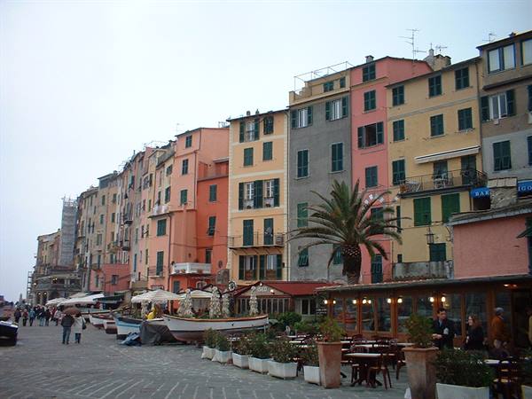 Colorful houses on Portofino's square, outdoor café and palm tree