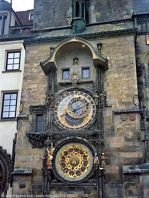 Medieval astronomical clock on the stone facade of Prague's town hall