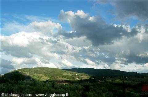 White clouds over green hills with scattered houses and woods