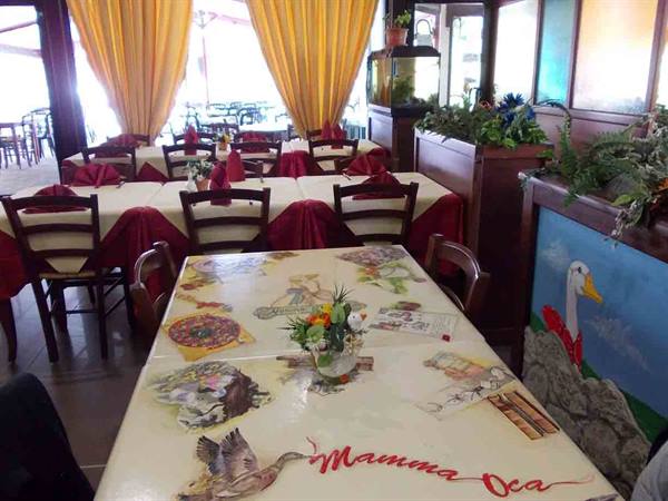 Mamma Oca restaurant dining room with illustrated tablecloths, red runners, morning light