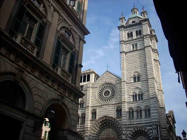 Black and white striped facade of Genoa's San Lorenzo cathedral