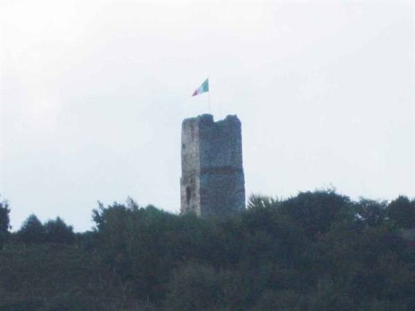 Ancient stone tower with Italian flag on wooded hill, grey sky