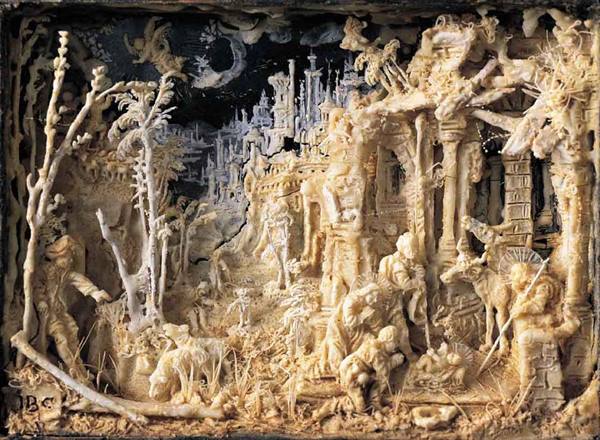 Carved ivory nativity scene with ruins, palm trees and detailed figures