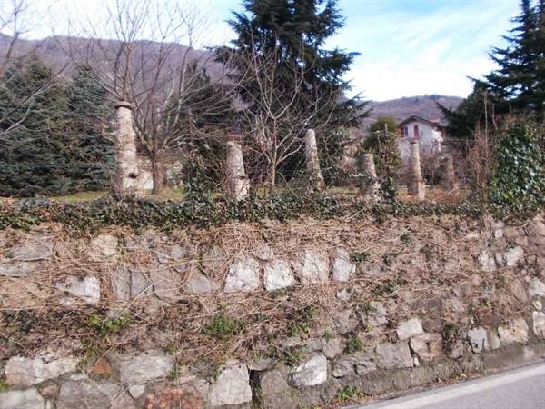 Dry stone wall with stone pillars, ivy and conifers, houses and mountains behind