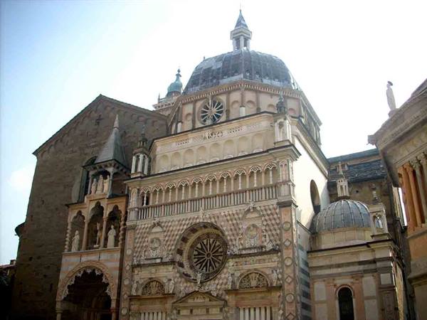 Colleoni Chapel in Bergamo, marble inlaid facade under morning light