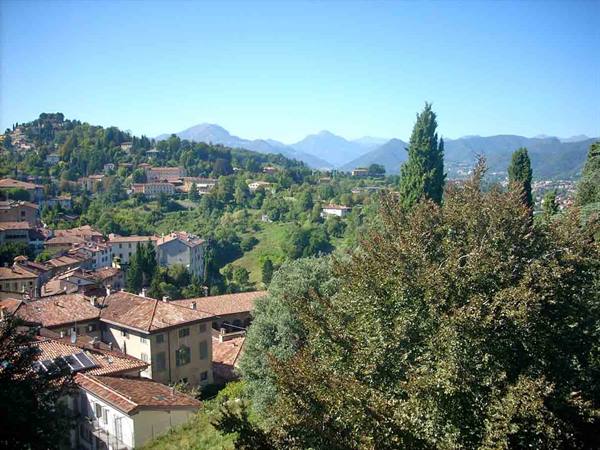 Terracotta rooftops among green trees and hills, blue mountains in the background