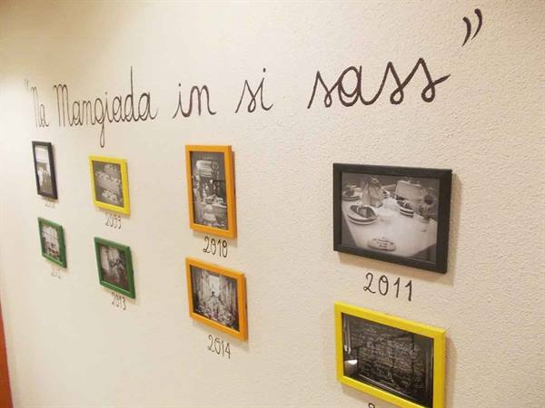 Indoor wall with handwritten quote and dated colorful framed photos