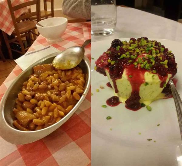 Beans in copper pan and berry semifreddo with pistachios