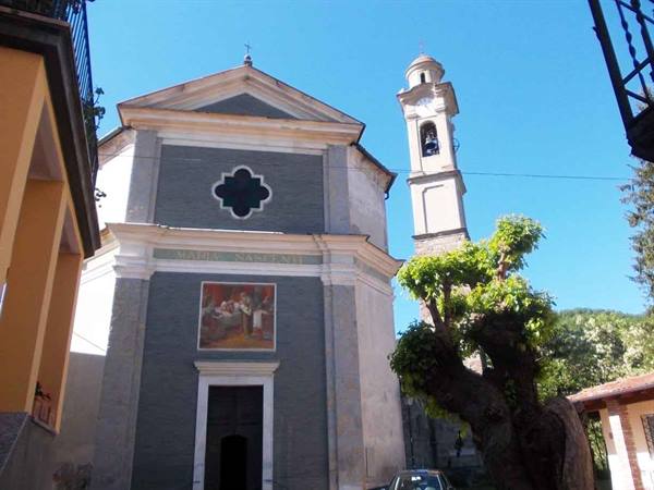 San Nazario church with grey facade, bell tower and pruned tree