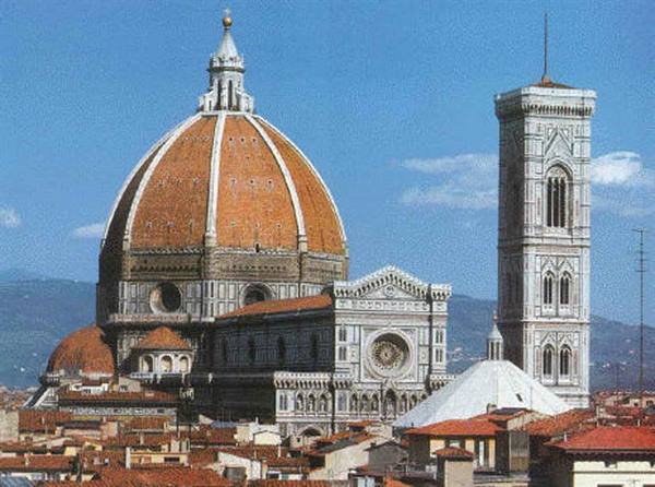 Brunelleschi's dome and Giotto's bell tower rise above Florence rooftops