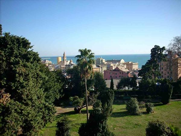 Park with palms and pines above Genoa overlooking the blue sea