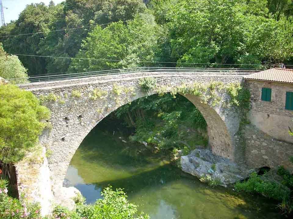 Antico ponte in pietra a un'arcata sopra un fiume verde, circondato da alberi