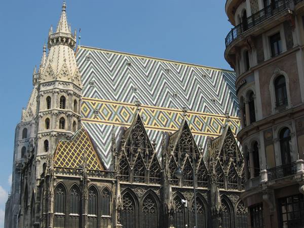 Colorful zigzag tiled roof and Gothic spires of St. Stephen's Cathedral, Vienna