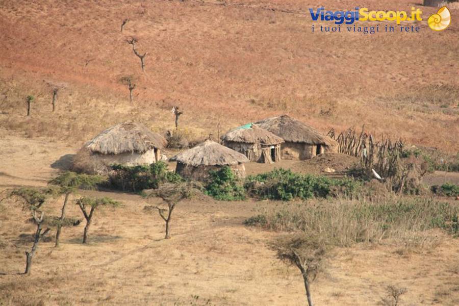 Thatched-roof huts village on dry savanna with scattered acacia trees