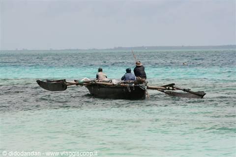 Fishermen on outrigger canoe in turquoise waters