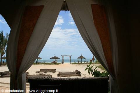 Open tent overlooking beach with straw umbrellas and wooden gate