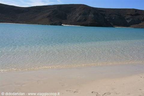 Clear turquoise water and pale sand at Balandra beach, La Paz, arid hills