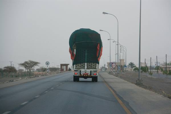 Truck covered with green tarp driving on suburban road under gray sky