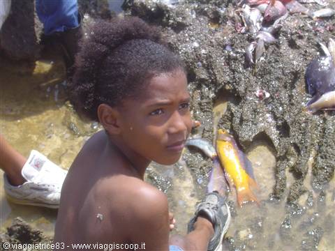 Girl on the beach next to freshly caught fish on wet clay